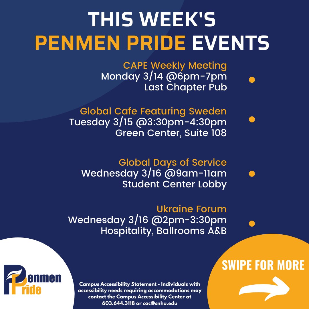 SNHUSTUDENTGOV's tweet photo. Welcome back SNHUdents! Kick off your week with attending some Penmen Pride Events. 

Follow us to always be in the know. https://t.co/OG1J8Ztivz