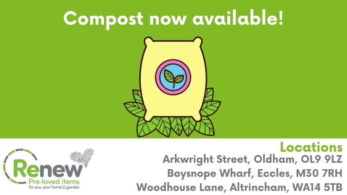recycle4gm's tweet image. There is now peat free compost available to buy at our #Renew Shops! Made from food and garden waste from here in the North West, this natural compost is £3.75 a bag or £10 for three bags. Head to your closest Renew shop to buy some @SuezUK #CompostWeek