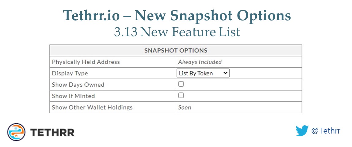 Excited to announce some great new features just released:
- Snapshots by token or wallet - group holdings together
- Calculate number of days the NFT has been held 
- Show flag if wallet holder minted the NFT or bought on secondary