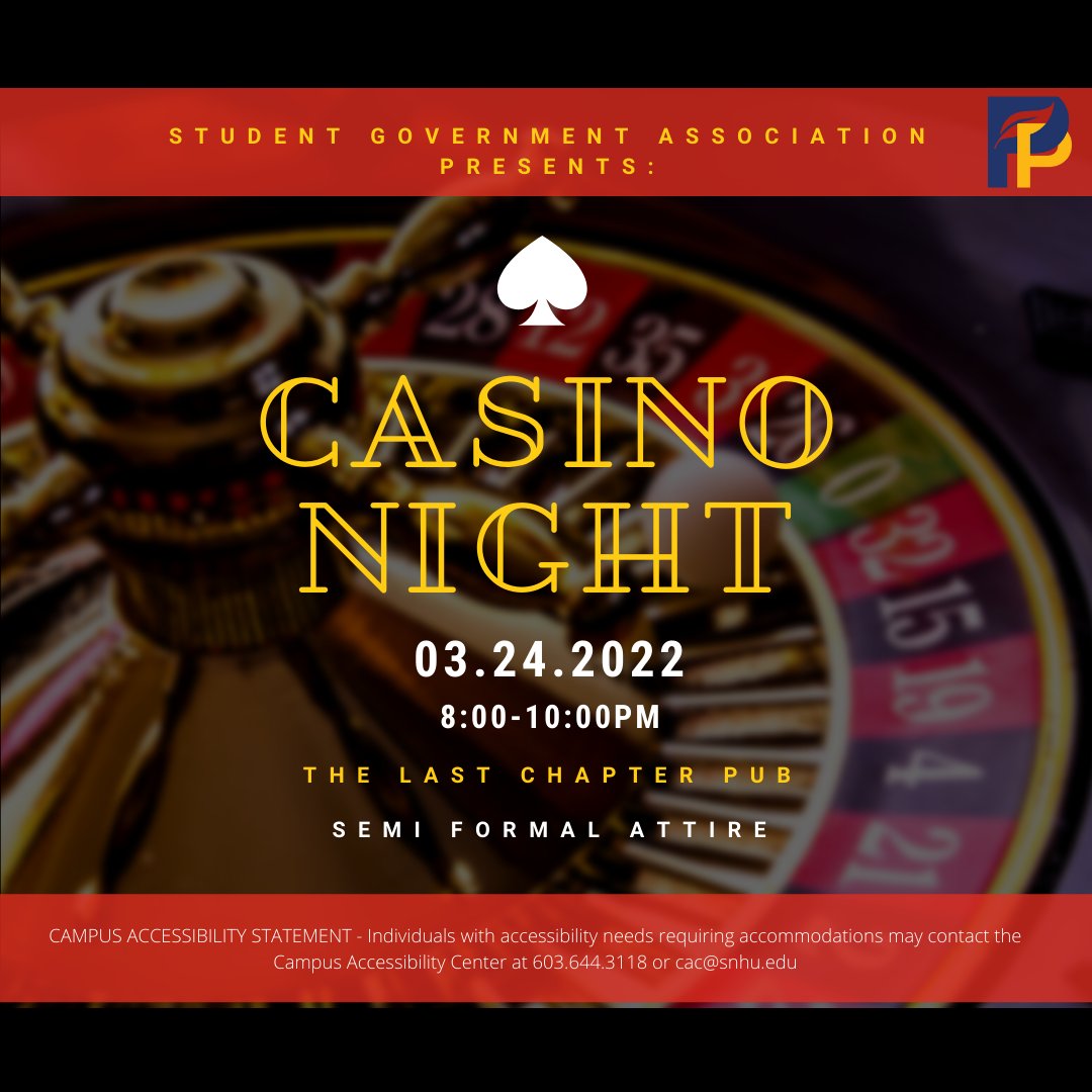 SNHUSTUDENTGOV's tweet photo. It's the night we've all been waiting  for. Casino Night! Join us next week for a night of food, games and fun! https://t.co/dl5htnpEgc