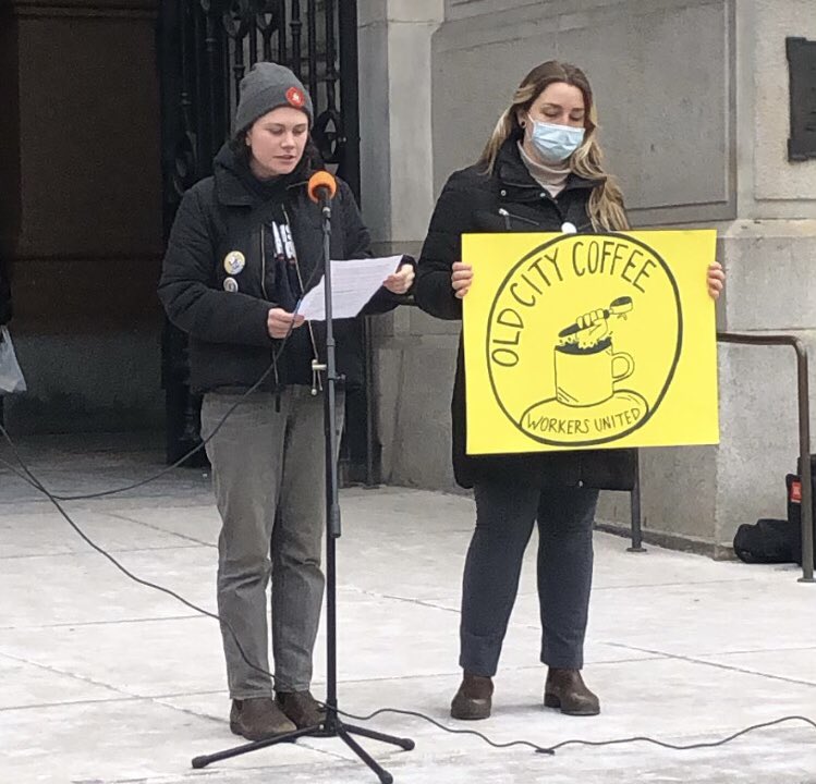 SocialistAltPHL's tweet photo. Old City Coffee worker and @SocialistAlt member Hannah speaking at today’s coffee worker solidarity rally! On Thursday OCC workers asked their boss to voluntarily recognize their union within 48 hrs, but shamefully got no response. Now workers are filing for an election! https://t.co/77YD4YNlBt