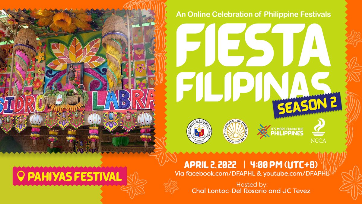 DFAPHL's tweet photo. Are you excited for the 1st episode of #FiestaFilipinas Season 2?
See you on 2 April & let’s celebrate and know more about Pahiyas of Lucban City, Quezon!
#CulturalDiplomacy
#DFAForgingAhead
#KulturaPH #InstaKultura
#ItsMoreFunInThePhilippines #MoreFunWithYou https://t.co/FFjKI6CMlU