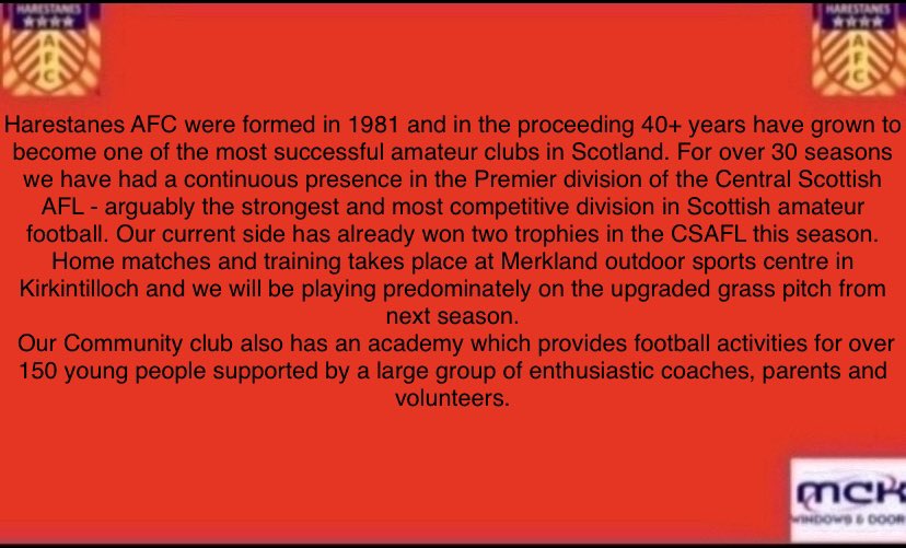 📢⚽️PLEASE SHARE⚽️📢
Three times Scottish Amateur cup 🏆 winners <a href="/HarestanesAFC/">Harestanes Community Club</a> are looking to recruit a new Manager/Management team for the forthcoming season 2022/23. For more information please contact us through DM.
<a href="/ScotAmFA/">Scottish Amateur FA</a> <a href="/csaflofficial/">Central Scottish AFL</a> <a href="/ProAmFootball/">Pro-Am Football News</a>
