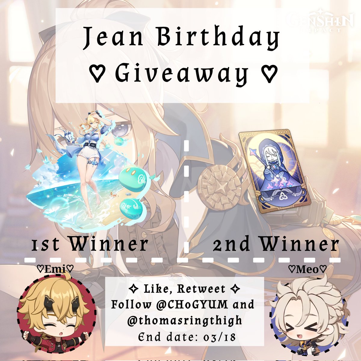 thomasringthigh's tweet photo. 🎉 Jean Birthday Giveaway 🎉  
          🌸 1 Jean Skin 🌸
       ✨ 1 Welkin Moon ✨

Rules:
✧ Like &amp; RT
✧ Follow @CH0NGYUM &amp; @thomasringthigh 
✧ Reply with “Happy Birthday Jean”

✿ ends: 03/18
via mhy top up
#genshingiveaway #genshinimpact #genshintwt https://t.co/IQI1pze9Rc