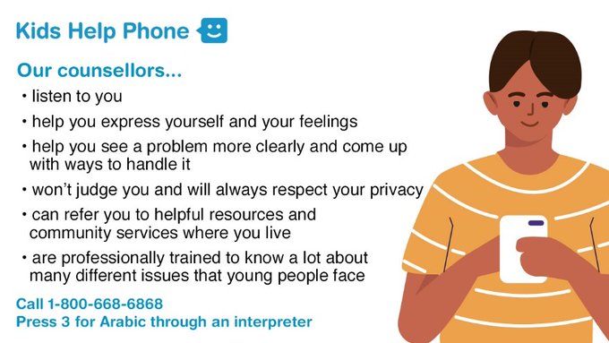 KidsHelpPhone's tweet photo. You can call Kids Help Phone in Arabic through an interpreter from anywhere in Canada at any time. Call 1-800-668-6868 and press “3” for support in Arabic.

#LetsTalk | #MentalHealthMatters https://t.co/1F05dRreQi
