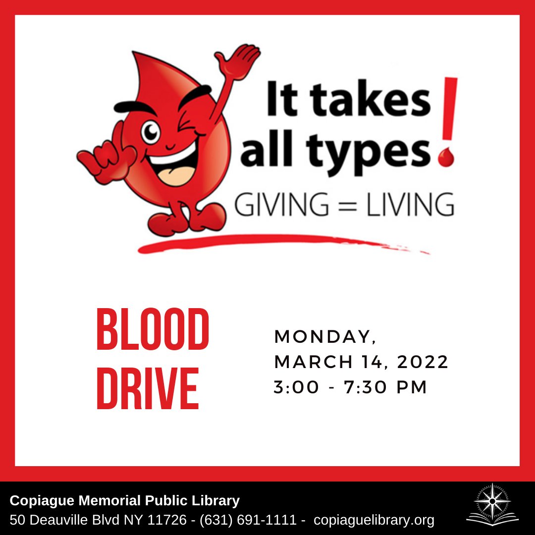 CopiagueLibrary's tweet image. Donate blood at the Copiague Library on Monday, March 14 from 3:00 - 7:30 PM. One pint of blood can save up to Three lives! bit.ly/BloodDriveCMPL
#DonateBlood #NYBloodCenter #CopiagueLibrary #SaveLives
