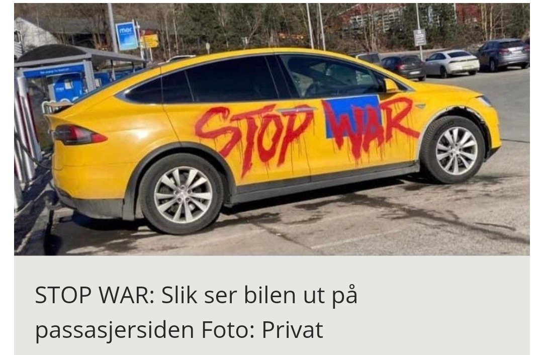 LarsdotterAnna's tweet photo. This guy in Norway! Has painted his Model X @Tesla with a message to Putin. @elonmusk https://t.co/PJSxZiYzJY