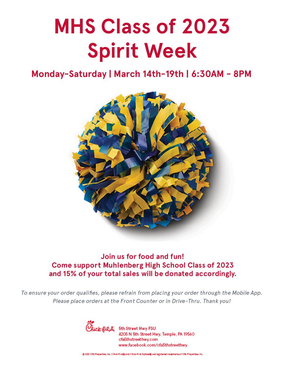 Class of 2023 is running a spirit week fundraiser this week at Chick-Fil-A Muhlenberg, 3/14-3/19, 7:30am-8pm. All you have to do is mention you are there to support the class of 2023 when placing your order at the drive through or counter. Make dinner easy one night this week!