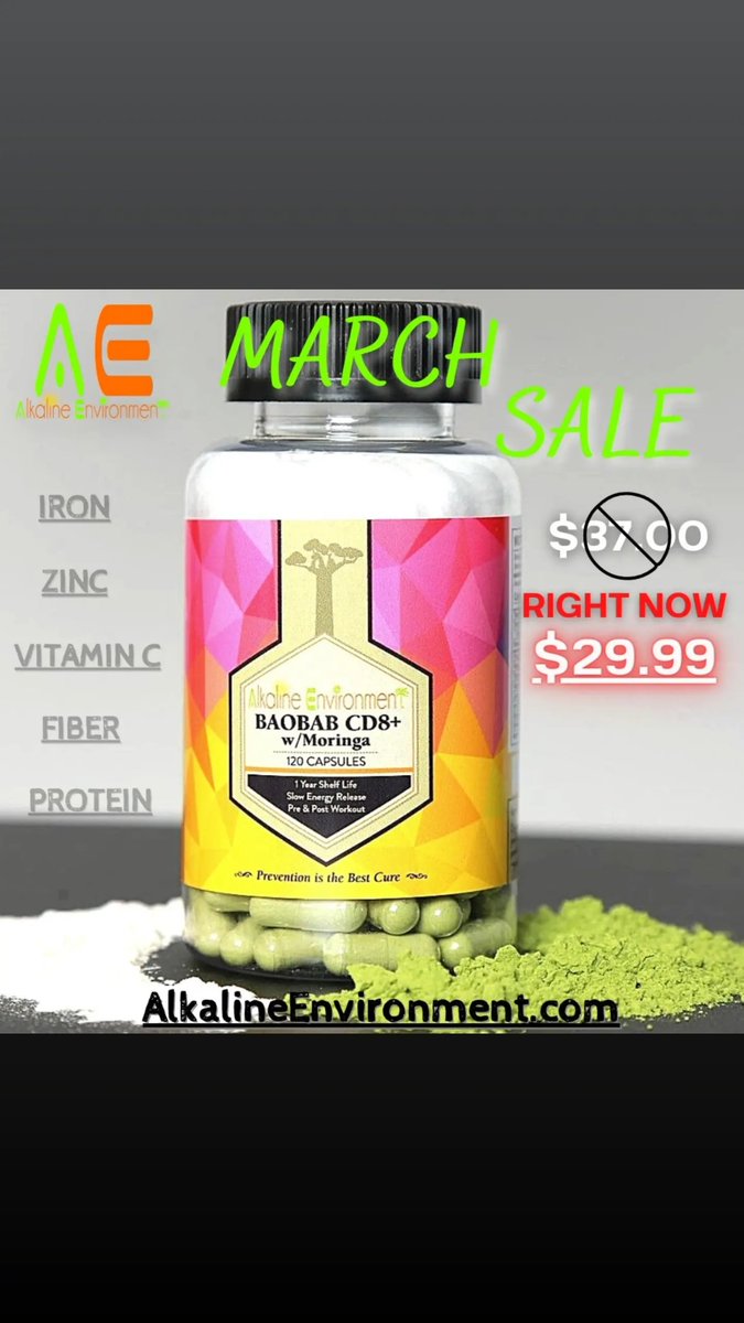 AlkalineEnviron's tweet photo. MARCH SALE $29.99 "BAOBAB CD8+ W/MORINGA CAPSULES"
https://t.co/G1ukAKPJ5q https://t.co/u2WzUkTyCb