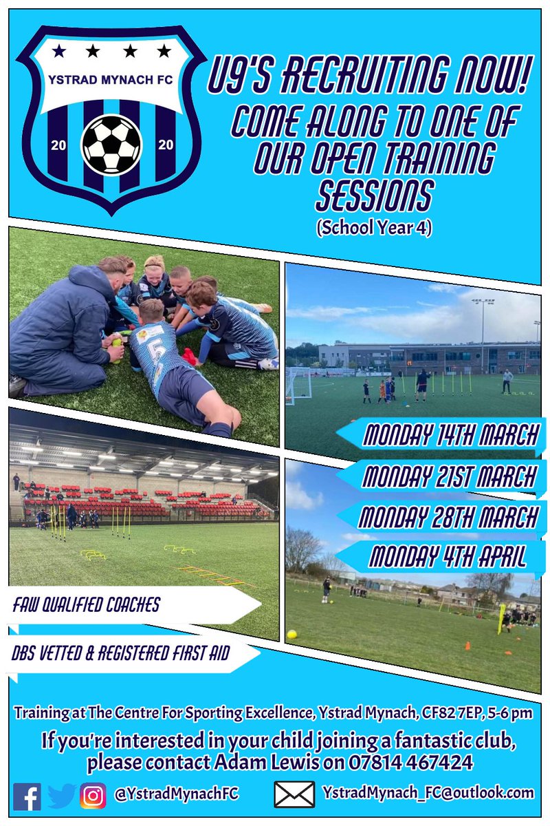 YstradMynachFC's tweet photo. ⚽⚽⚽ OUR U9's ARE RECRUITING ⚽⚽⚽

If your child is interested in football &amp; joining a fantastic little team, please contact Adam Lewis on 07814 467424 to arrange attending one of our open training sessions https://t.co/QhiI0oPdUW