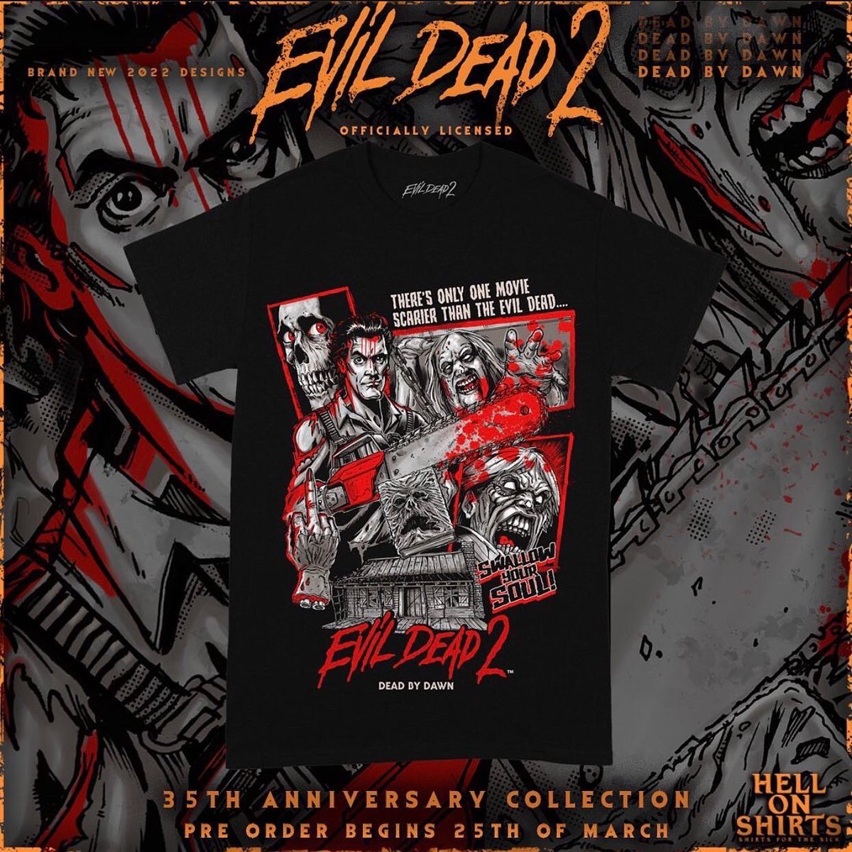 PuisCalzada's tweet photo. Today one of my all time favorite movie turns 35 years old, and there’s no better way to celebrate but by sharing with you my brand new Design done for @hellonshirts for their officially licensed collection!!!! Long live Evil dead 2!!! #hellonshirts #evildead2 https://t.co/CZdHJ2AUuB