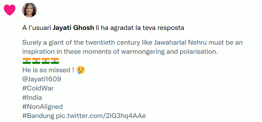 LucanusLonginus's tweet photo. With dr. Jayati Ghosh liking one of my tweets my week has been made. 🤩 Thank you dr. @Jayati1609 !
Best wishes from Catalonia.
#TwitterEgo 
#PupilAdmiration 
#Enlightenment 
#Nehru https://t.co/bmflDTGfCl