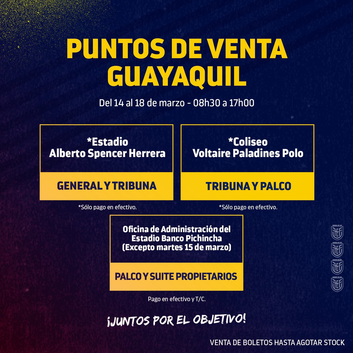 FEFecuador's tweet photo. 🤔 ¿Dónde, cómo y cuando comprar tus entradas para @LaTri 🆚 Argentina? 

📌 Aquí te mostramos los lugares de venta en Guayaquil, Quito y Cuenca.

General: $25
Tribuna: $60
Palco: $100
Suite: $60

🔜 ¡Los esperamos desde mañana! 

#JuntosPorElObjetivo🇪🇨 https://t.co/t85SCKyLAZ