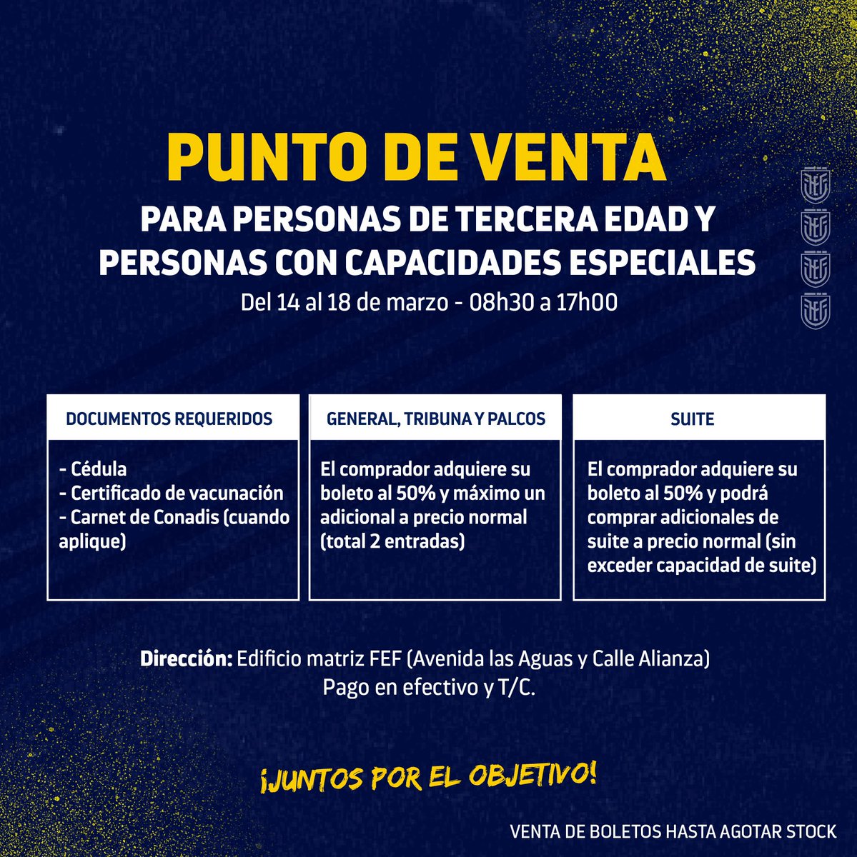 FEFecuador's tweet photo. 🤔 ¿Dónde, cómo y cuando comprar tus entradas para @LaTri 🆚 Argentina? 

📌 Aquí te mostramos los lugares de venta en Guayaquil, Quito y Cuenca.

General: $25
Tribuna: $60
Palco: $100
Suite: $60

🔜 ¡Los esperamos desde mañana! 

#JuntosPorElObjetivo🇪🇨 https://t.co/t85SCKyLAZ