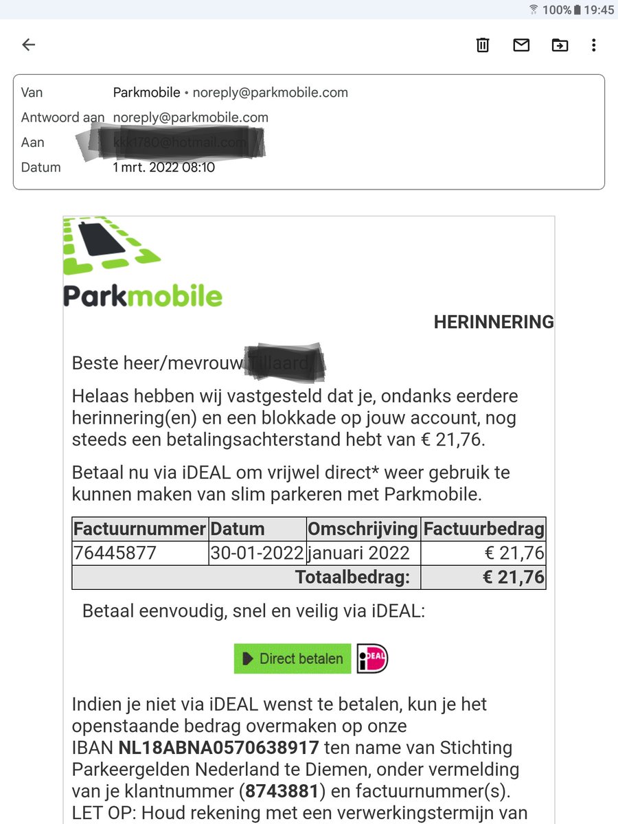 #Fraudemelding
Via de mail probeert men je te laten betalen voor parkeergelden die je niet verschuldigd bent.
Trap er niet in! 
o.a. Rekeningnr van @parkmobilenl klopt niet.
Zie ook info op site van ParkMobile.