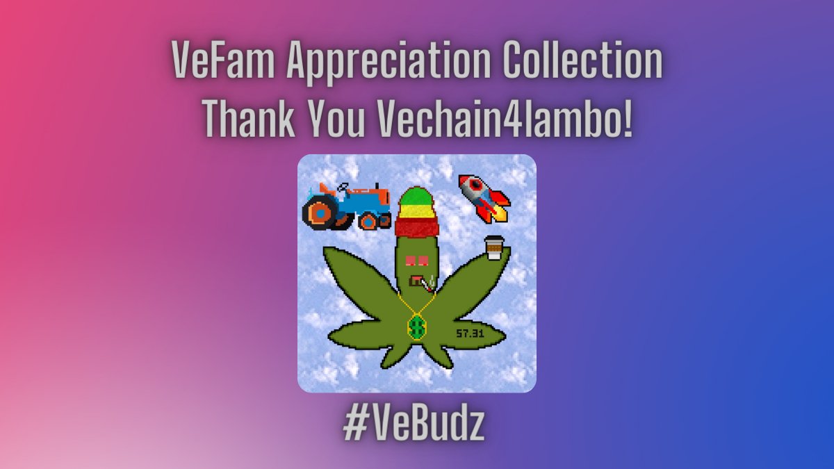 420VeFam's tweet photo. #VeFam appreciation program time!

This time we would like to thank @vechain4lambo 

We love your pics of rare views, overall bullishness and  value you as VeFam member!

Therefore we created this customized #VeBudz for you. 

It even has a Lambo so no more coffee walks! 

#VNFT https://t.co/1PkwFQ6yLW