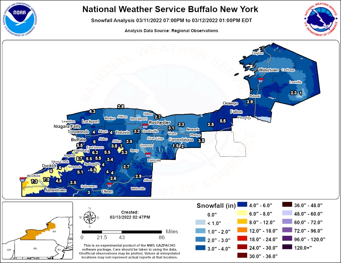 NWSBUFFALO's tweet photo. Here is a map of snowfall totals from Friday evening, March 11 through Saturday early afternoon, March 12, 2022. Here is the list of the snow reports that went into making the map https://t.co/OHR6hXYZdN https://t.co/xq726kASNA