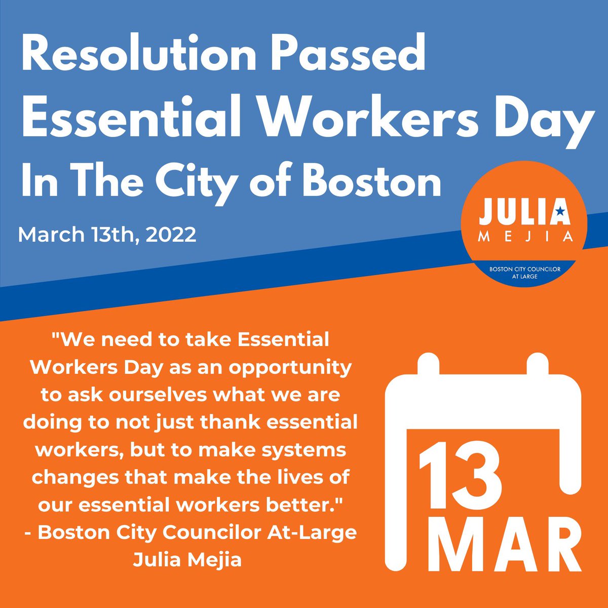 juliaforboston's tweet photo. Last week we passed a resolution in the Boston City Council that officially declares today, March 13th as Essential Workers Day in Boston! Thank you to #AllMeansAll of our essential workers across the city, this day is for you. #EssentialWorkersDay https://t.co/DwuwcBvtFT