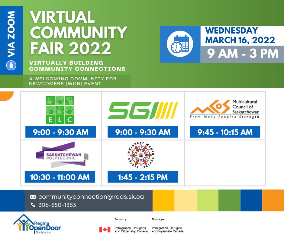 ReginaOpenDoor's tweet photo. Our Virtual community fair starts Tomorrow!
Here is the Wednesday lineup: Regina Early Learning Centre, @SGItweets @MC_o_S, @SaskPolytech dental program, and @ReginaIWC
Register: https://t.co/Kz2G9zxH1n
#learnfromhome #virtualcommunityfair #immigrationmatters #YQR https://t.co/504oqosMao