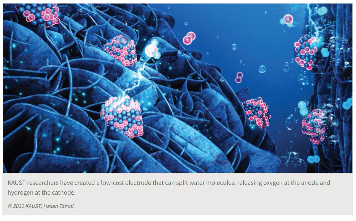 #news 🇸🇦Kaust <a href="/KAUST_News/">KAUST</a> researchers discover bi-functional electrolysis catalyst, with low-voltage (high efficiency) oxygen &amp; hydrogen evolution; lasts for 50hr. #TRL4, so first commercial sale in ≈10yr bit.ly/3MIGDIm #hydrogen #H2 #GreenHydrogen
