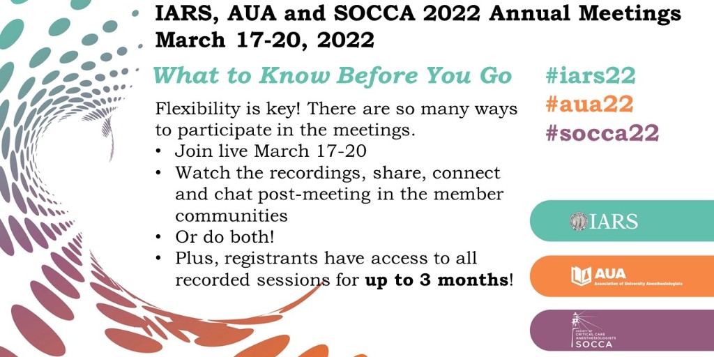 IARS360 (@iars360) on Twitter photo So many ways to participate in the <a href="/iars360/">IARS360</a>, <a href="/AUA_Anesthesia/">Association of University Anesthesiologists</a> and <a href="/SOCCA_CritCare/">Society of Critical Care Anesthesiologists</a> 2022 Annual Meetings! Flexibility is key! Plus, registrants will have access to all recorded sessions for up to three months. <a href="/IARS_Journals/">Anesthesia&Analgesia</a>
Register: meetings.iars.org #iars22 #aua22 #socca22 So many ways to participate in the <a href="/iars360/">IARS360</a>, <a href="/AUA_Anesthesia/">Association of University Anesthesiologists</a> and <a href="/SOCCA_CritCare/">Society of Critical Care Anesthesiologists</a> 2022 Annual Meetings! Flexibility is key! Plus, registrants will have access to all recorded sessions for up to three months. <a href="/IARS_Journals/">Anesthesia&Analgesia</a>
Register: meetings.iars.org #iars22 #aua22 #socca22