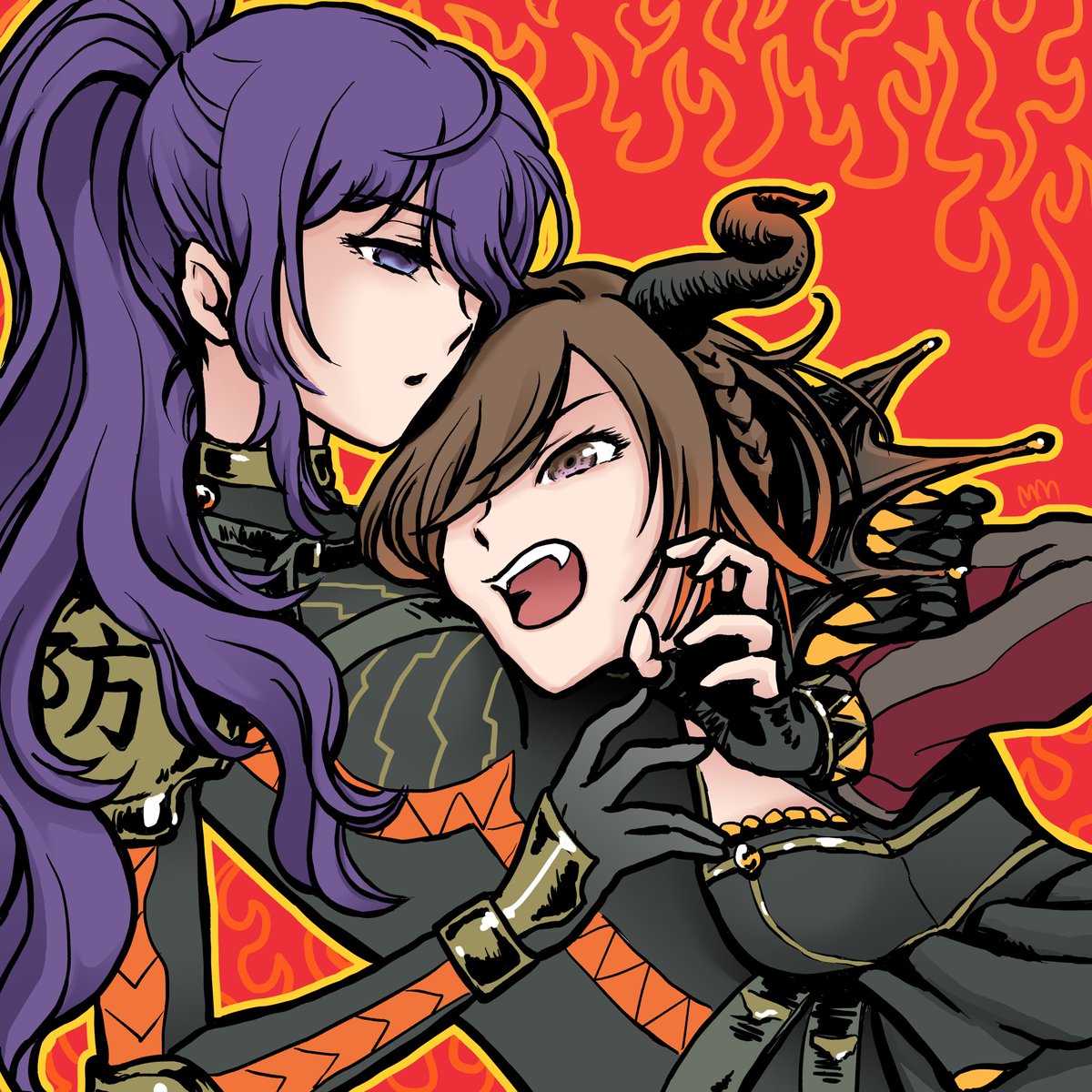 2girls multiple girls purple hair long hair ponytail gloves brown hair  illustration images