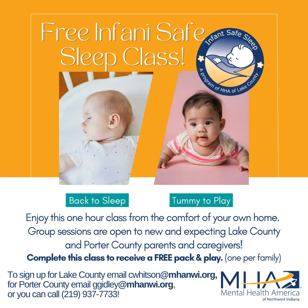 MHANWIndiana's tweet photo. These sessions are open to Lake County and Porter families Upon completion of the 1-hour virtual class, you will receive a FREE Pack & Play (one per family)!
#InfantSafeSleep #MHANWI #Parenting #Caregivers #MentalHealthMatters #MentalHealth4All #65thanniversary https://t.co/M6P0rUTgGg