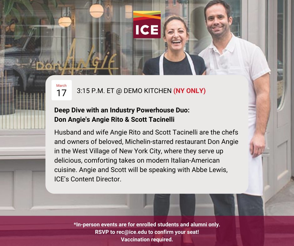 iceculinary's tweet image. Husband and wife Angie Rito and Scott Tacinelli are the chefs and owners of beloved, Michelin-starred restaurant Don Angie, where they serve up delicious, comforting takes on modern Italian-American cuisine. 🇮🇹 #ICEculinary #culinaryvoice

ow.ly/eMiu50Ihgwp