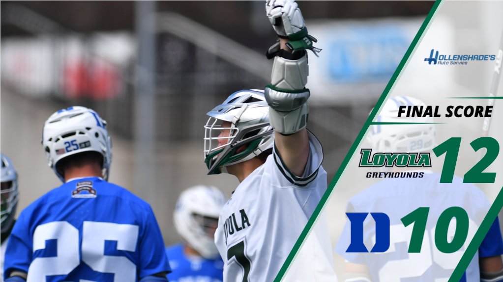 LoyolaMLAX's tweet photo. FINAL: @LoyolaHounds 12, No. 9 Duke 10.

Lindley with 6 goals, 7 points; James (1g, 2a) &amp; Olmstead (3a) each with 3 points; Savio &amp; Pacheco go 14-24 on faceoffs.

Score presented by @hollenshades 

#gohounds | #patriotmlax | @Patriot_Gameday | @LoyolaMaryland https://t.co/nl6AceH1Oa