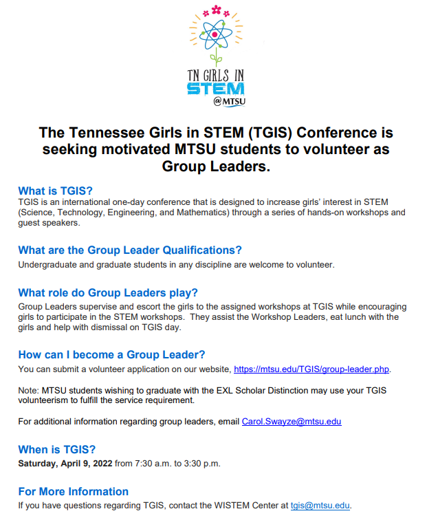 mtsu_biology's tweet photo. Student volunteer opportunity! All students are encouraged to volunteer for this one-day @MTSU event. Help encourage the next generation of STEM scientists! Apply here: https://t.co/FljReCtorX
#MTSUsciences @CbasMtsu https://t.co/sIbpQPHeLw