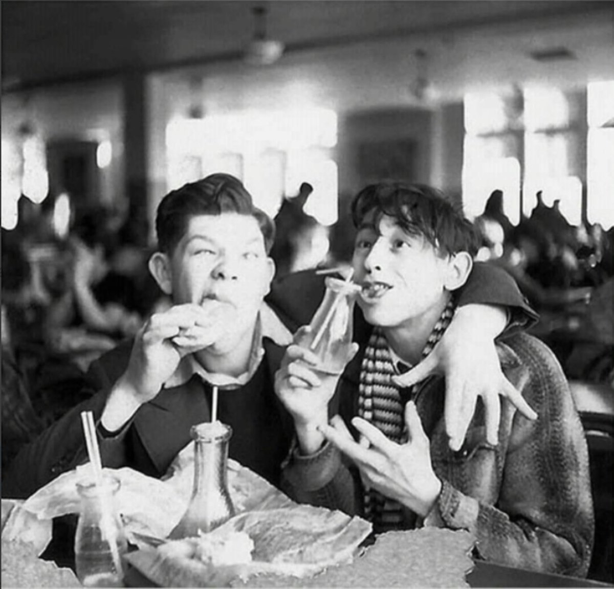 HeerJeet's tweet photo. Al Jaffee, famous for the MAD fold-outs, is celebrating his 101st birthday today. This is photo of Jaffee &amp; Will Elder, also a key MAD, in the lunchroom at the High School for Music and Arts in New York City, 1936. Two kids who found their calling in life. https://t.co/nr9Jwqq39u