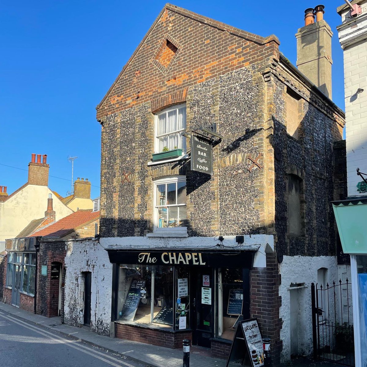 Rob_Fiehn's tweet photo. Pub in a secondhand bookshop in a Grade II listed chapel by the seaside. This has all the ingredients for one very happy Rob. https://t.co/CknX0jG7QG