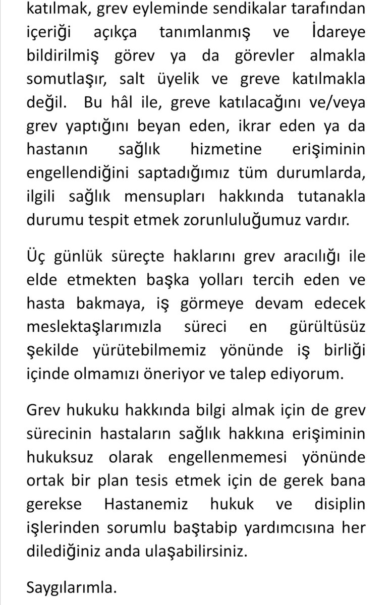 Hastanemiz yönetiminden az önce gelen yazı... 
Baksanıza resmi bir yazı olarak bile yazamıyorlar bunları, grev gibi anayasal bir hakkımızı engellemekten başlarına iş gelmesin diye
@ttborgtr @Tabip_Sen @turkhekimler @hekimsensndk