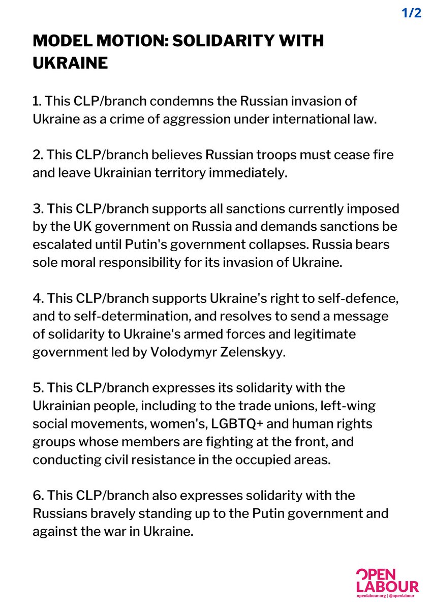 OpenLabour's tweet photo. An emergency motion on Ukraine was passed unanimously by our members at today's AGM🇺🇦✊

We encourage CLPs and Trade Union branches to pass our model motion in solidarity with the people of Ukraine. https://t.co/Hg4fVZCepl