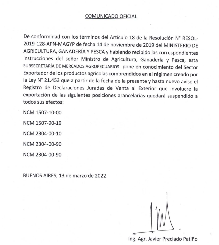 MariscottiJavi's tweet photo. 🚨 #URGENTE #ARGENTINA #soybeans 
Cierran las exportacioens de aceite de soja y harina de soja. Se viene la suba de retenciones para los subproductos. Y cierre del diferencial arancelario entre poroto y subproducto.
Exports of soybean oil and soybean meal close https://t.co/RKvNTXzKF7
