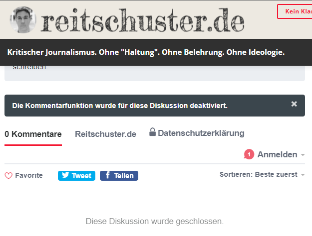 st_hennermann's tweet photo. Öha - ist es mittlerweile so turbulent auf #Reitschusters|s Blog dass dieser die Kommentarfunktion deaktivieren muss?
War mein erster Gedanke, aber vermutlich ist das technisch begründet: die Seite mit dem Artikel ist nicht neu, sondern schon über zwei Jahre alt. https://t.co/1mGbReNqlc