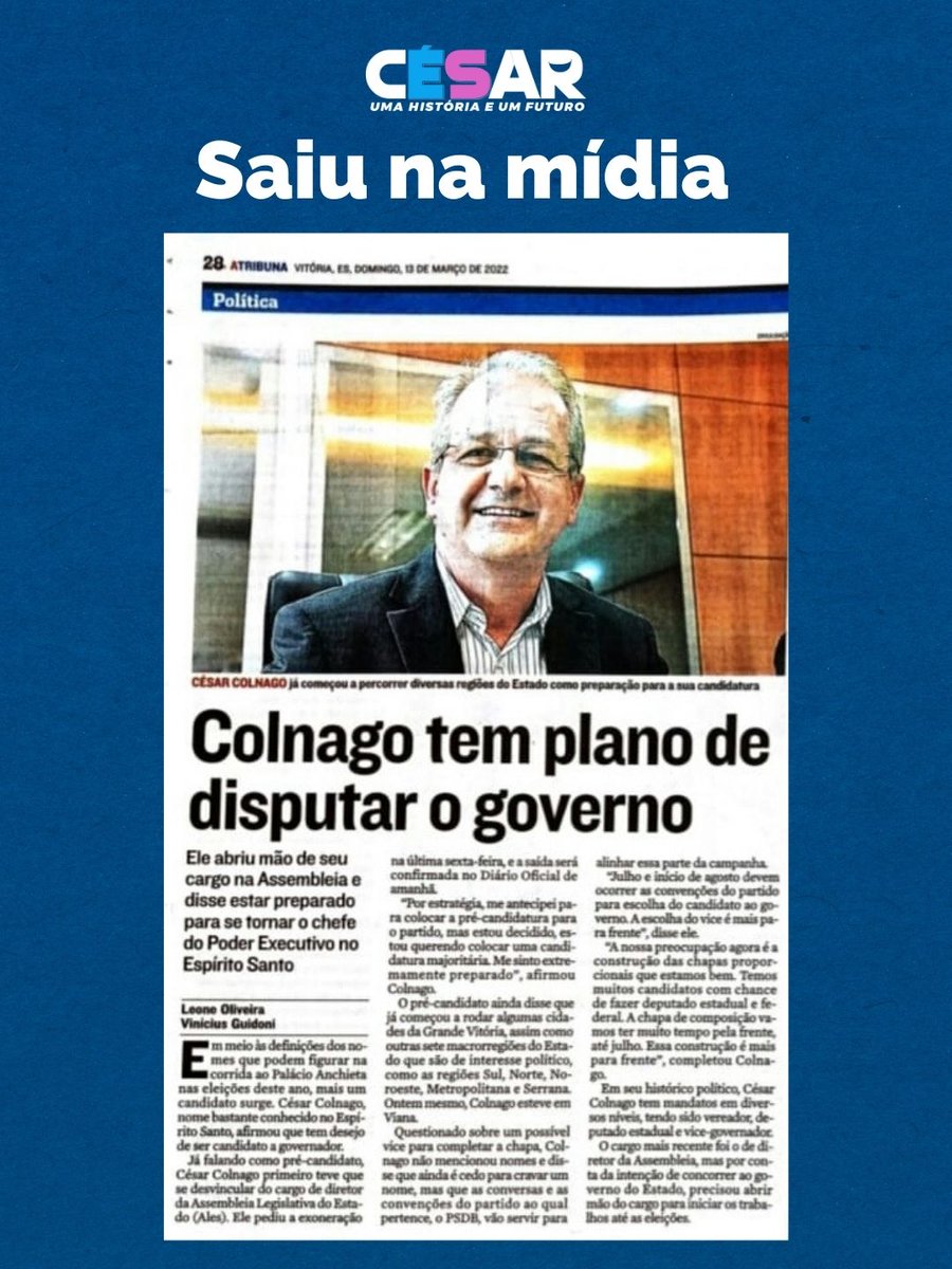 CesarColnago's tweet image. Pensando no nosso belíssimo Estado, pedi exoneração da Assembleia Legislativa do Espírito Santo (Ales) para me dedicar a nossa pré-candidatura ao governo do estado do ES. Juntos iremos construir um estado melhor com igualdade para todos. 
➡️ O Espírito Santo merece mais!