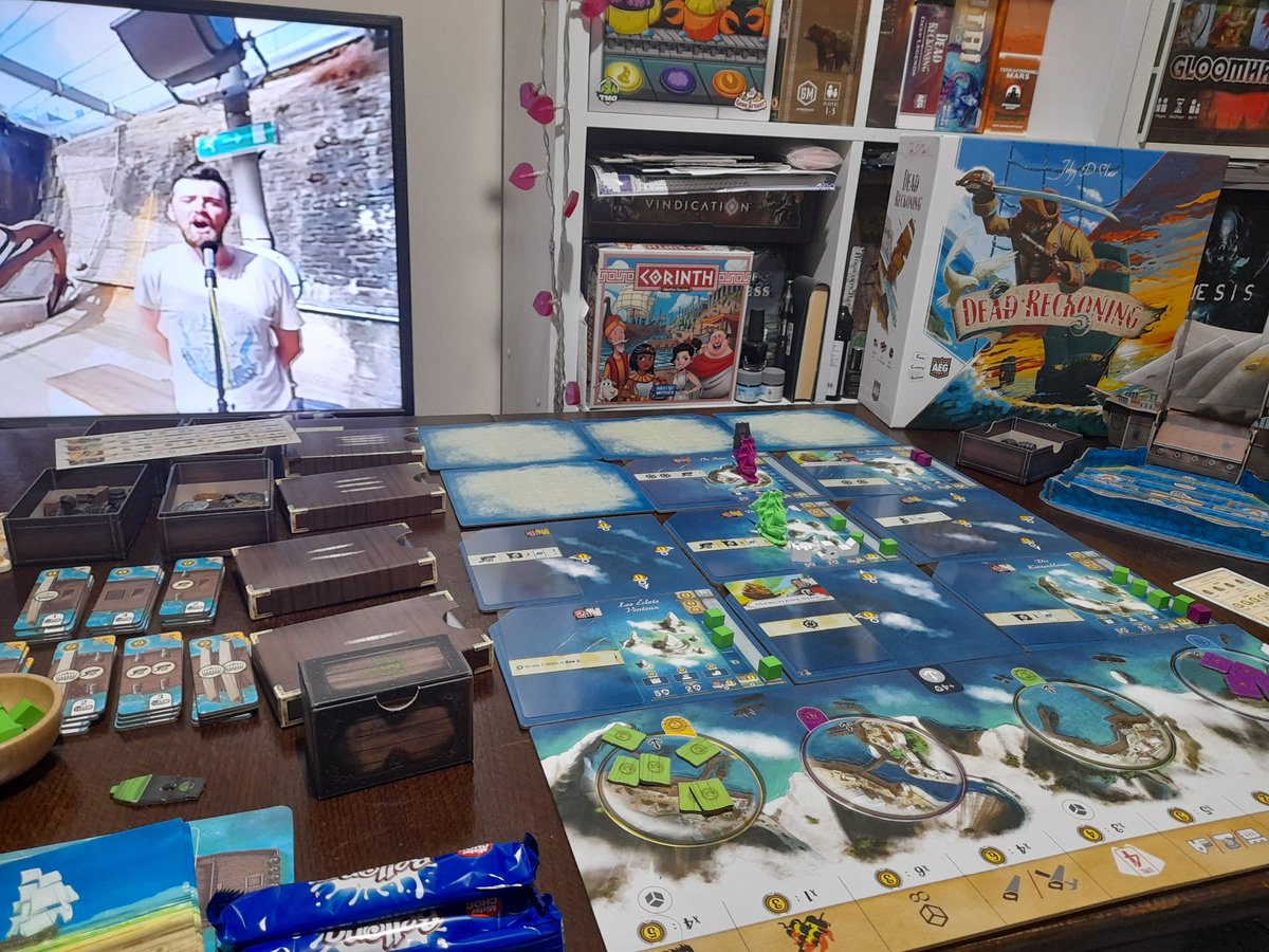 Currierox's tweet photo. Playing dead reckoning for the 1st time with @TeeJ_x and loving it. Longest johns to get us in the seafaring spirit... also rum 😆 @TheLongestJohns @JohnDClair @alderac https://t.co/dbJ7sGF3Ro