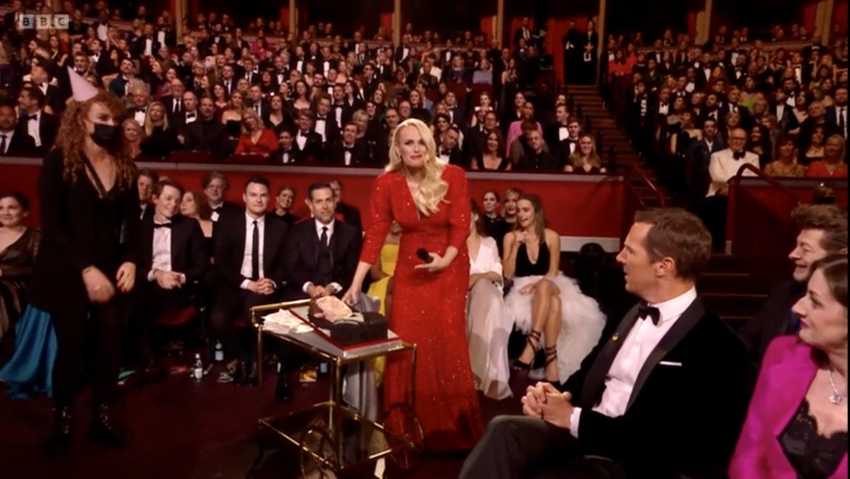 danwootton's tweet photo. The most despicable form of Covid theatre at the Baftas. As the A-listers watch on unmuzzled, the poor staff member is forced to wheel out a cake wearing a mask.
STOP THIS MADNESS! https://t.co/txlMUpi1jO