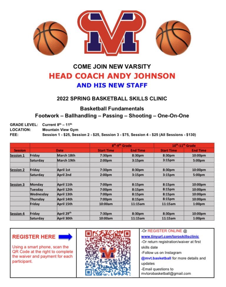 TORO NATION🤘🏀 Attention All Toro Basketball Players: Join us for our 2022 Spring Basketball Skills Clinics‼️ Sign Up Today‼️ @MV_Toros @olivermikeaz @MVTOROS_AD @MVTBoosters @MVToro_Football