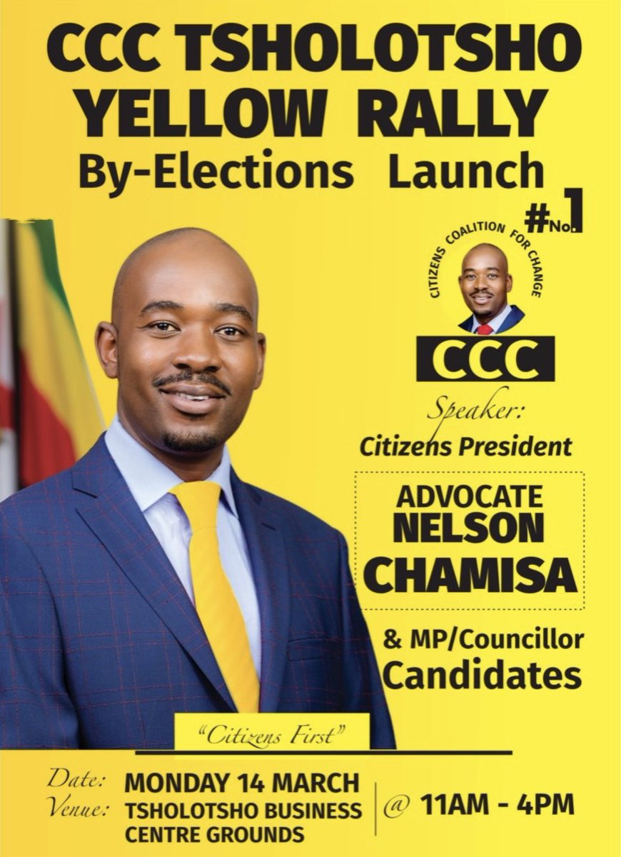 advocatemahere's tweet photo. *UPCOMING RALLY SCHEDULE*
Monday 14 March - Tsholotsho
Tuesday 15 March - Binga
⭐️Thank you to all citizens for your overwhelming reception of the #YellowJuggernaut!!!
⭐️The movement’s goal is to inspire hope & a thirst for change among citizens! Let’s all #ActForChange2022! https://t.co/9dRfEJgGph