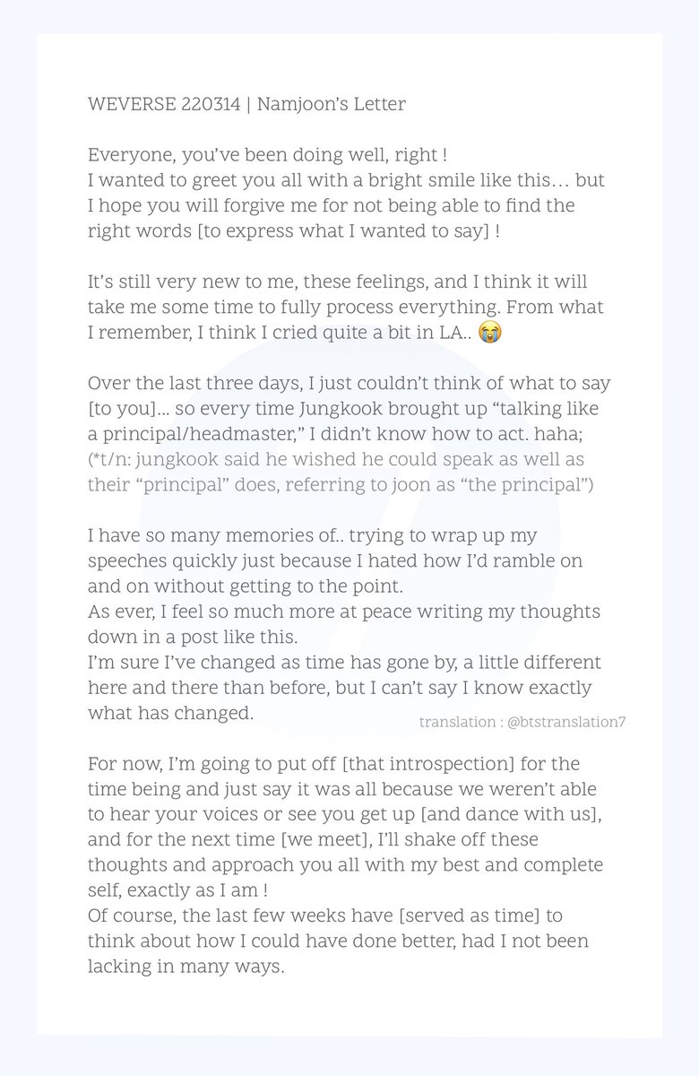 btstranslation7's tweet photo. translation of namjoon's letter
220314 on weverse 🌷

"above anything else,
i want to remember that you were always the best part of it all. in so little time, you managed to give us everything you had, your sincerity and your energy…" https://t.co/CL9nNpwTxk
