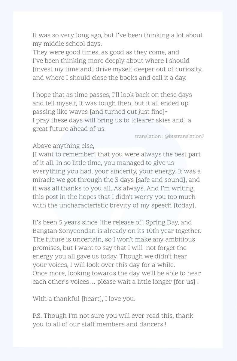 btstranslation7's tweet photo. translation of namjoon's letter
220314 on weverse 🌷

"above anything else,
i want to remember that you were always the best part of it all. in so little time, you managed to give us everything you had, your sincerity and your energy…" https://t.co/CL9nNpwTxk