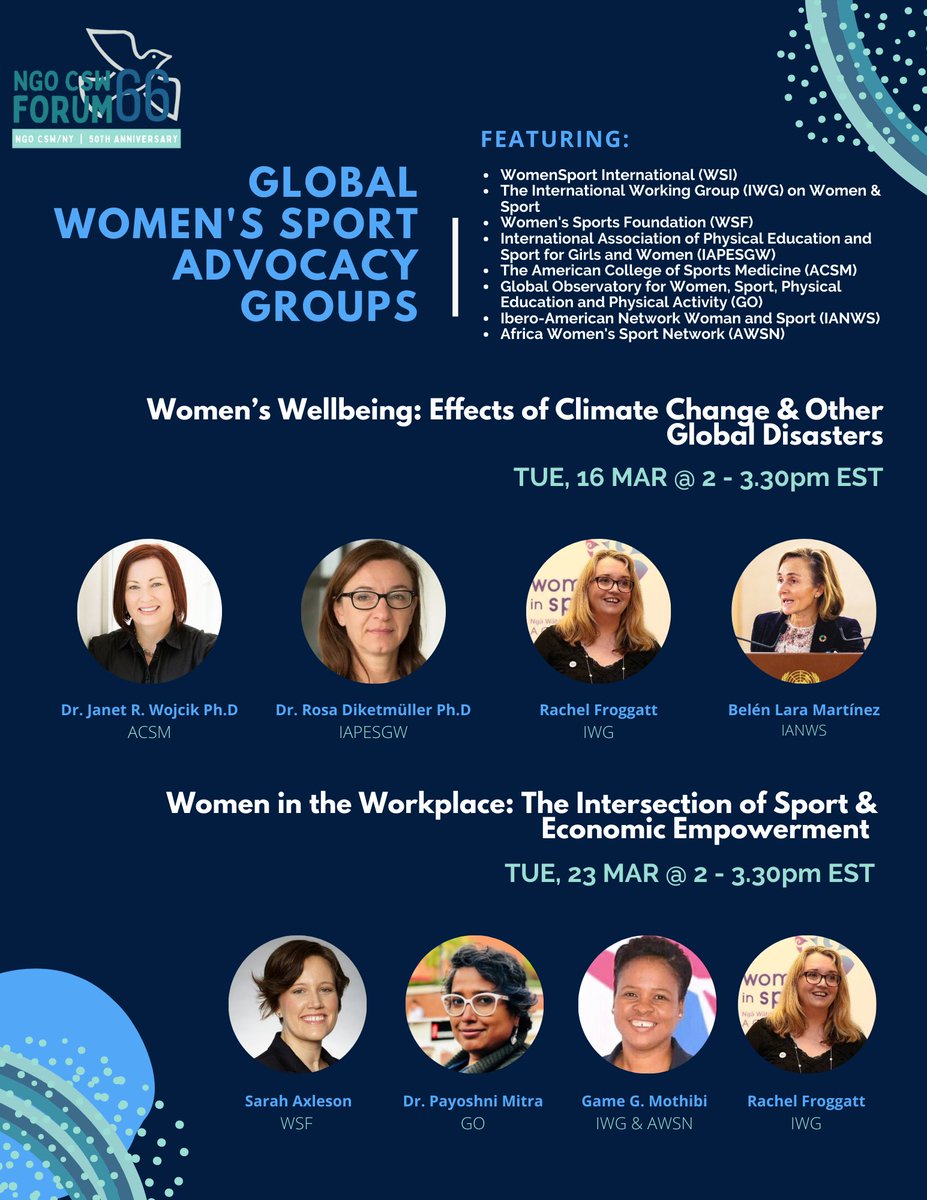 IWGWomenSport's tweet photo. 𝗘𝗩𝗘𝗡𝗧 | Register now! Our Secretary-General, Rachel Froggatt is presenting LIVE ONLINE during the United Nations Commission on the Status of Women 2022 (UNCSW66) NGO Forum 📣
Sign-up and read more 👉 https://t.co/7jH65Hzbd3
#changeinspireschange #womeninsport https://t.co/YLxxZacvhi