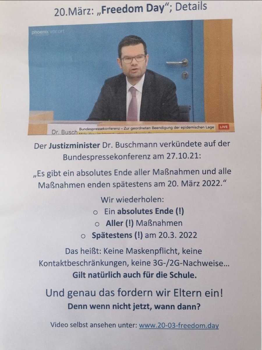 mr_marcus_fuchs's tweet photo. "Es gibt ein absolutes Ende aller Maßnahmen und alle Maßnahmen enden spätestens am 20. März 2022." Justizminister Buschmann, 27.10.2021. #EsistvorbeiKarl #FreedomDay https://t.co/hmABJGRTBR