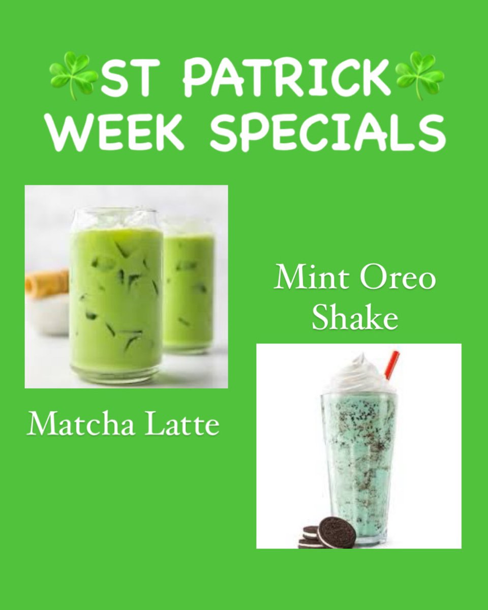 GCJava's tweet image. Happy St. Patrick’s week GC! 🍀 To help you celebrate we will be featuring TWO specials this week! Our featured drinks this week will be the newest Matcha Latte 🍵 and the Mint Oreo Milkshake🧋 (extra green 🟢😉) Stop by during regular ours and try them out! 🍀
