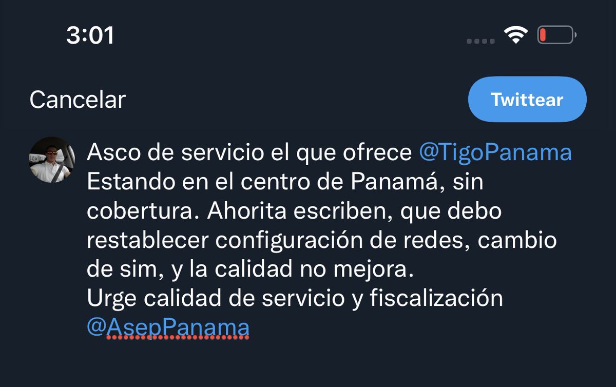 jtonagpg's tweet image. Asco de servicio el que ofrece @TigoPanama  
Estando en el centro de Panamá, sin cobertura. Ahorita escriben, que debo restablecer configuración de redes, cambio de sim, y no solucionan.
Urge calidad de servicio y fiscalización @AsepPanama #Panama