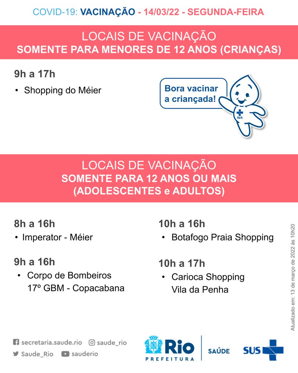 Saude_Rio's tweet photo. Atenção aos locais e horários da vacinação contra covid-19 e dos centros de atendimento a pacientes com sintomas gripais nesta segunda, 14 de março. https://t.co/tkxVPs5HB8