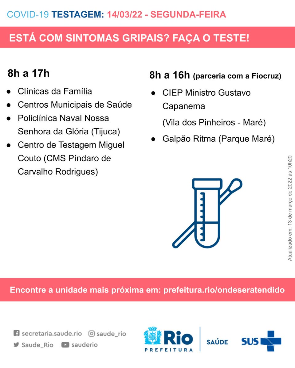 Saude_Rio's tweet photo. Atenção aos locais e horários da vacinação contra covid-19 e dos centros de atendimento a pacientes com sintomas gripais nesta segunda, 14 de março. https://t.co/tkxVPs5HB8