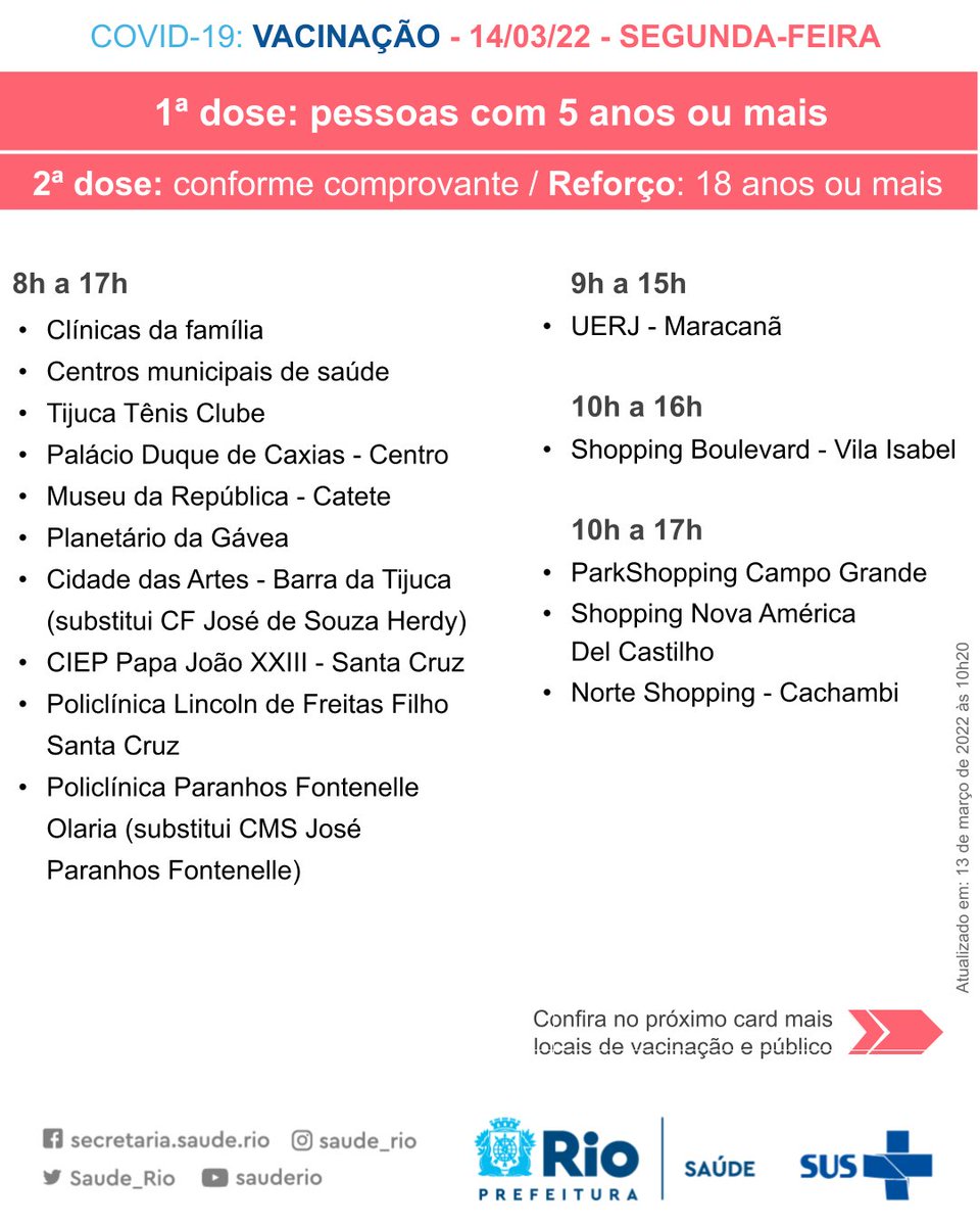 Saude_Rio's tweet photo. Atenção aos locais e horários da vacinação contra covid-19 e dos centros de atendimento a pacientes com sintomas gripais nesta segunda, 14 de março. https://t.co/tkxVPs5HB8